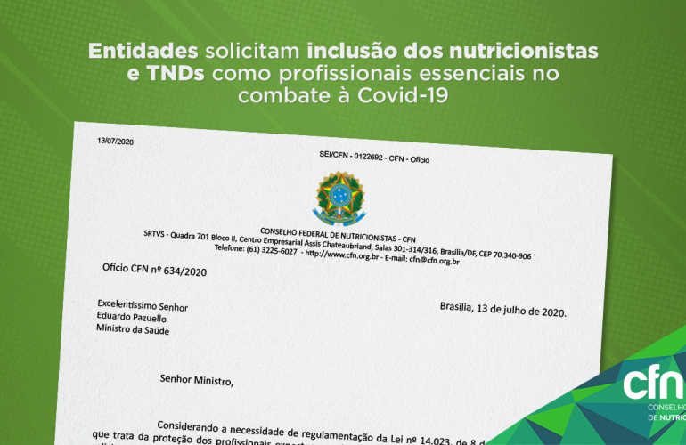 Entidades solicitam inclusão dos nutricionistas e TNDs como profissionais essenciais no combate à Covid-19