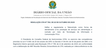 Conselho Federal de Nutricionistas publica resolução que regulamenta a telenutrição